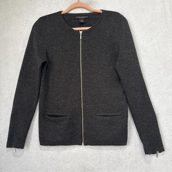 Elena Solano Sweater Womens Large Gray Full Zip Italian Merino Wool Zip Cuffs - Picture 1 of 8